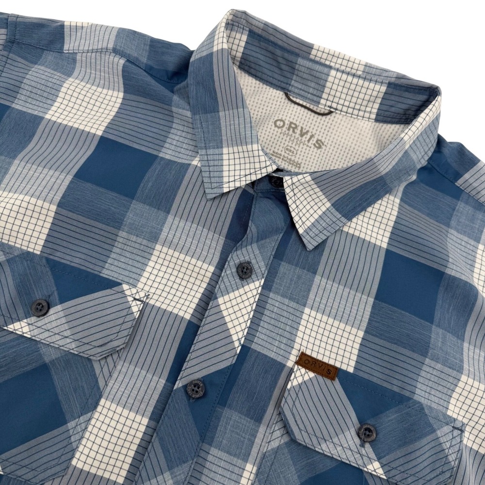 Orvis Button Down Shirt Mens XXL Blue Plaid Short Sleeve Mesh Yoke Performance